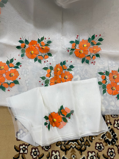 Off-white Organza Silk with Orange Flowers