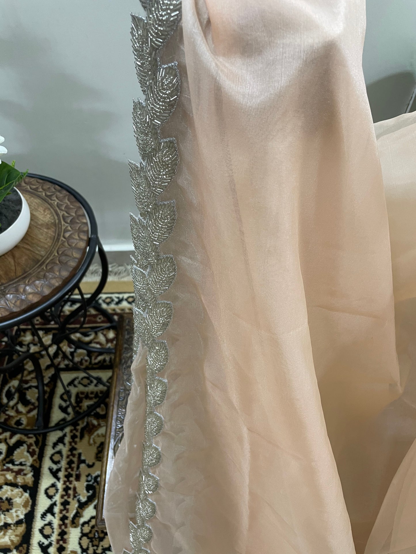 Pale Peach Organza Silk with Hand Embroidery