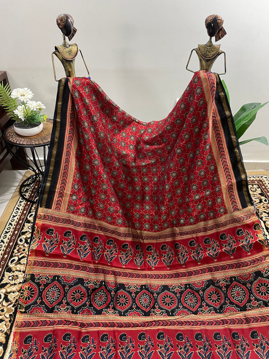 Red and Black Chanderi Ajrakh Silk Cotton