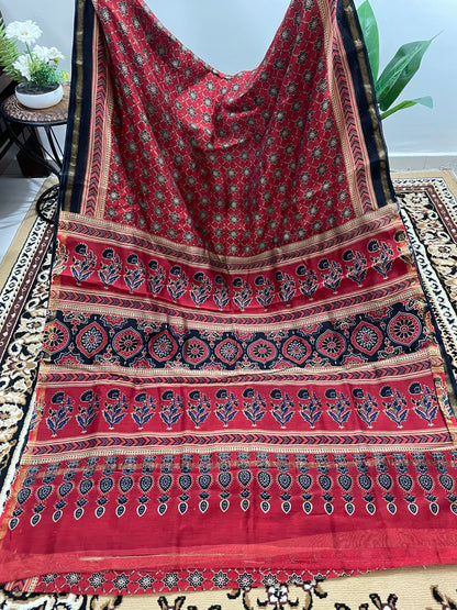 Red and Black Chanderi Ajrakh Silk Cotton