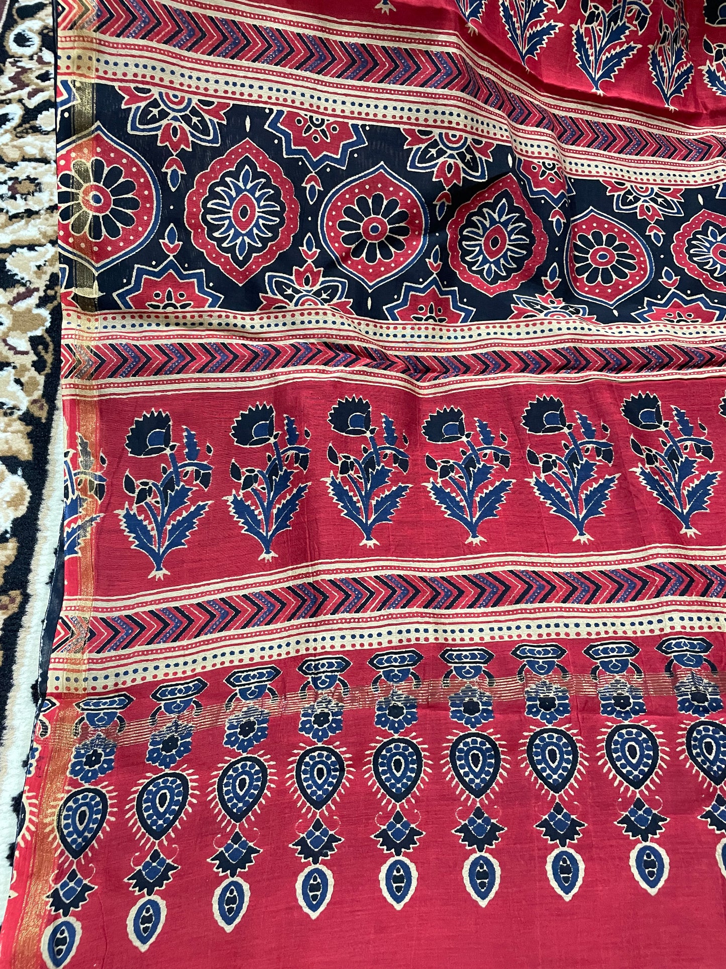 Red and Black Chanderi Ajrakh Silk Cotton