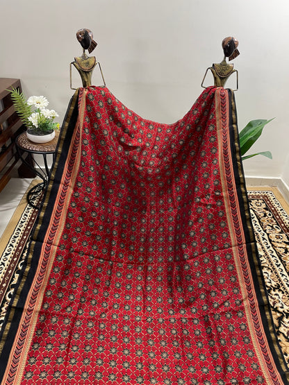 Red and Black Chanderi Ajrakh Silk Cotton