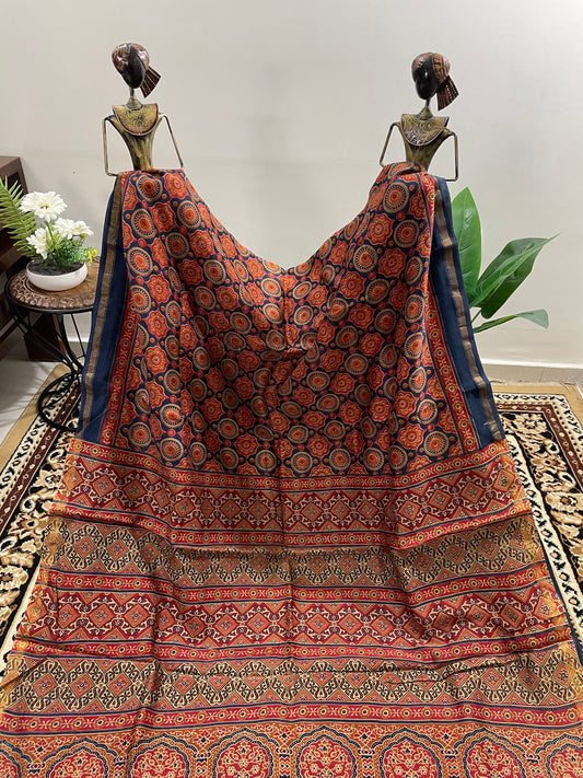 Navy Blue Ajrakh Chanderi Silk Cotton