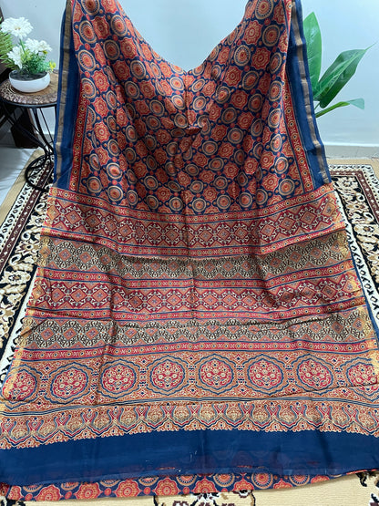 Navy Blue Ajrakh Chanderi Silk Cotton