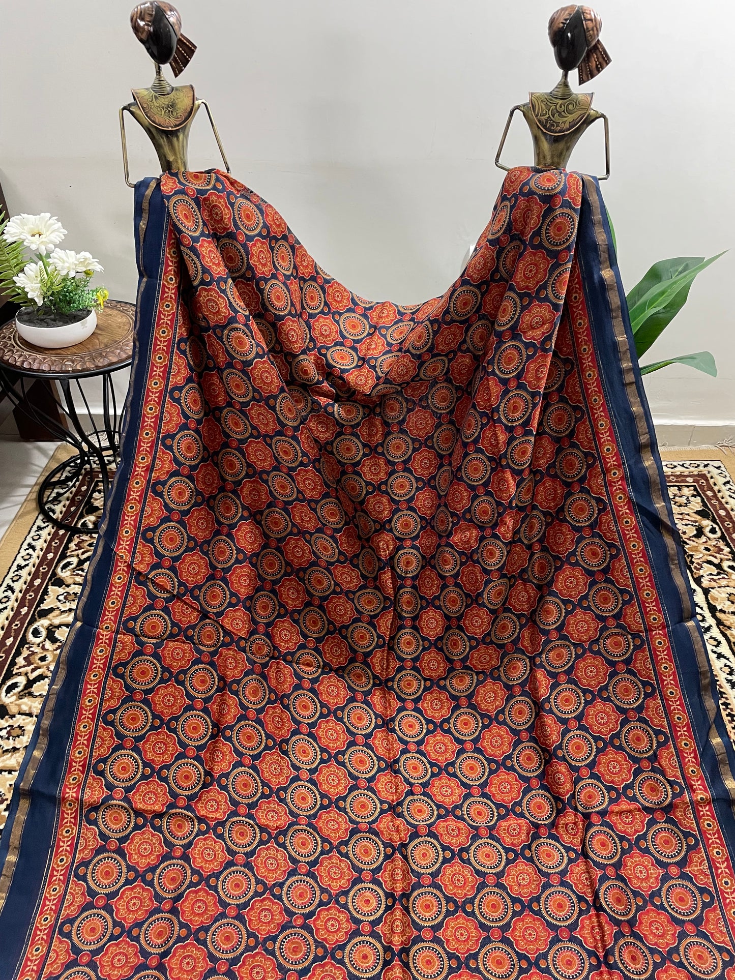 Navy Blue Ajrakh Chanderi Silk Cotton