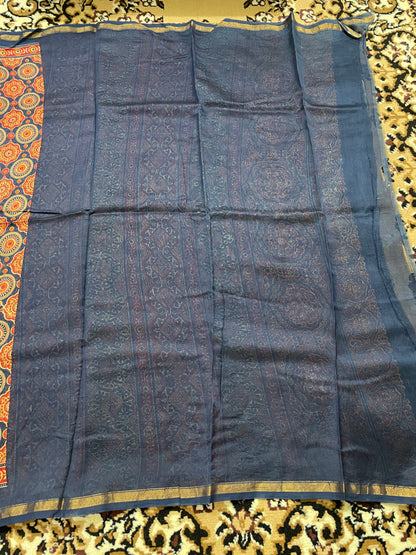 Navy Blue Ajrakh Chanderi Silk Cotton