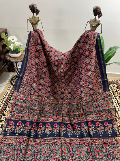 Navy Blue Ajrakh Chanderi Silk Cotton