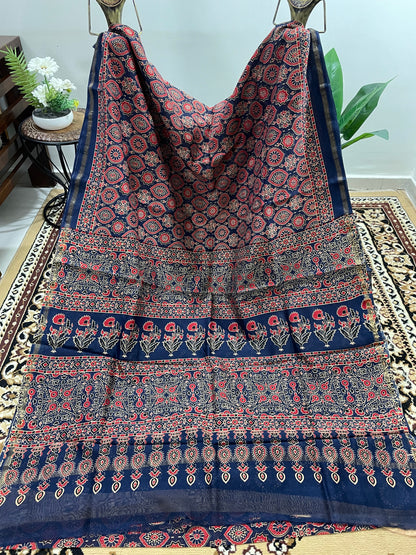 Navy Blue Ajrakh Chanderi Silk Cotton