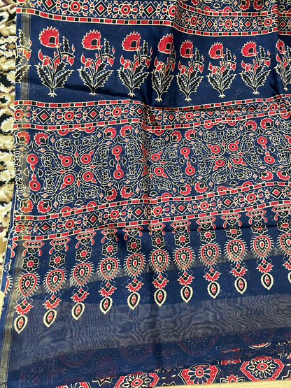 Navy Blue Ajrakh Chanderi Silk Cotton