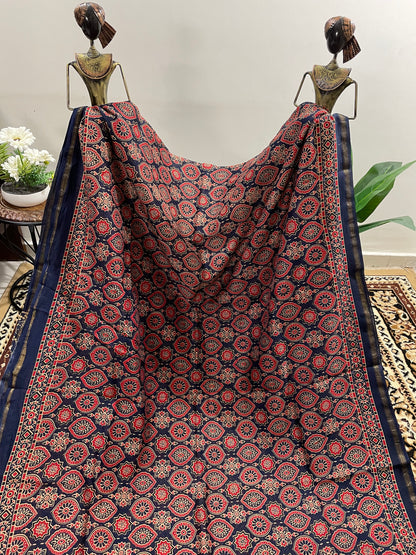 Navy Blue Ajrakh Chanderi Silk Cotton