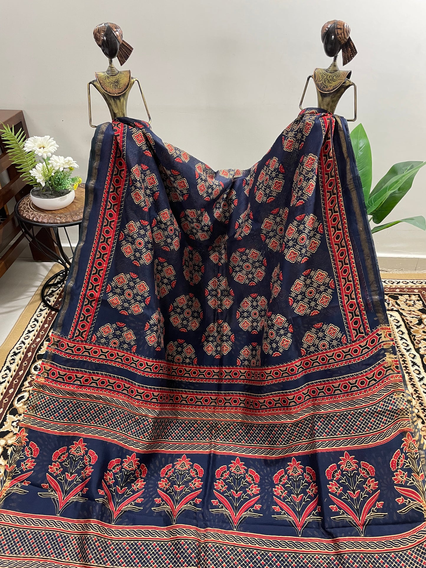 Navy Blue Ajrakh Chanderi Silk Cotton