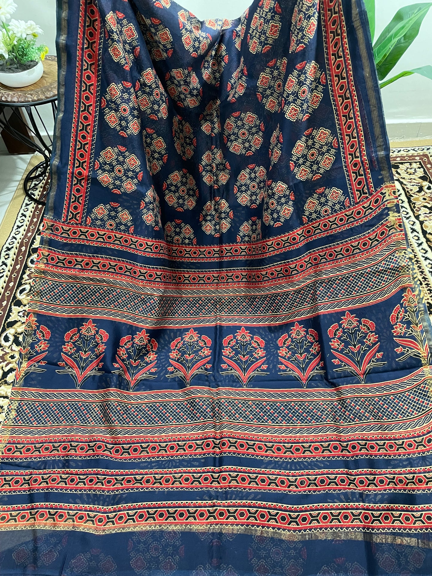 Navy Blue Ajrakh Chanderi Silk Cotton