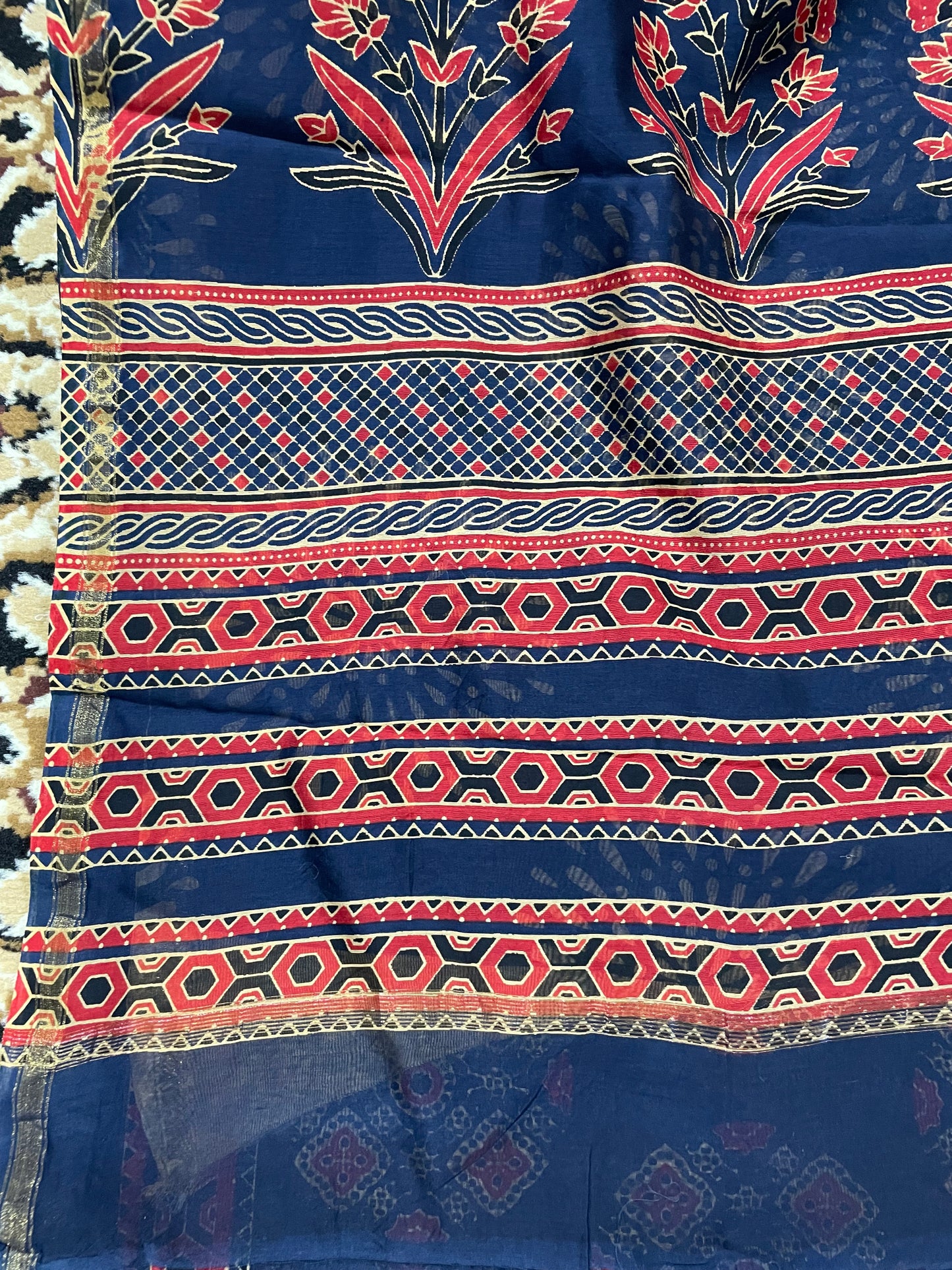 Navy Blue Ajrakh Chanderi Silk Cotton