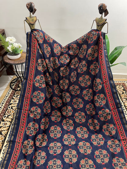 Navy Blue Ajrakh Chanderi Silk Cotton