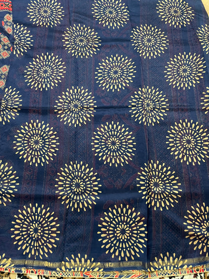 Navy Blue Ajrakh Chanderi Silk Cotton