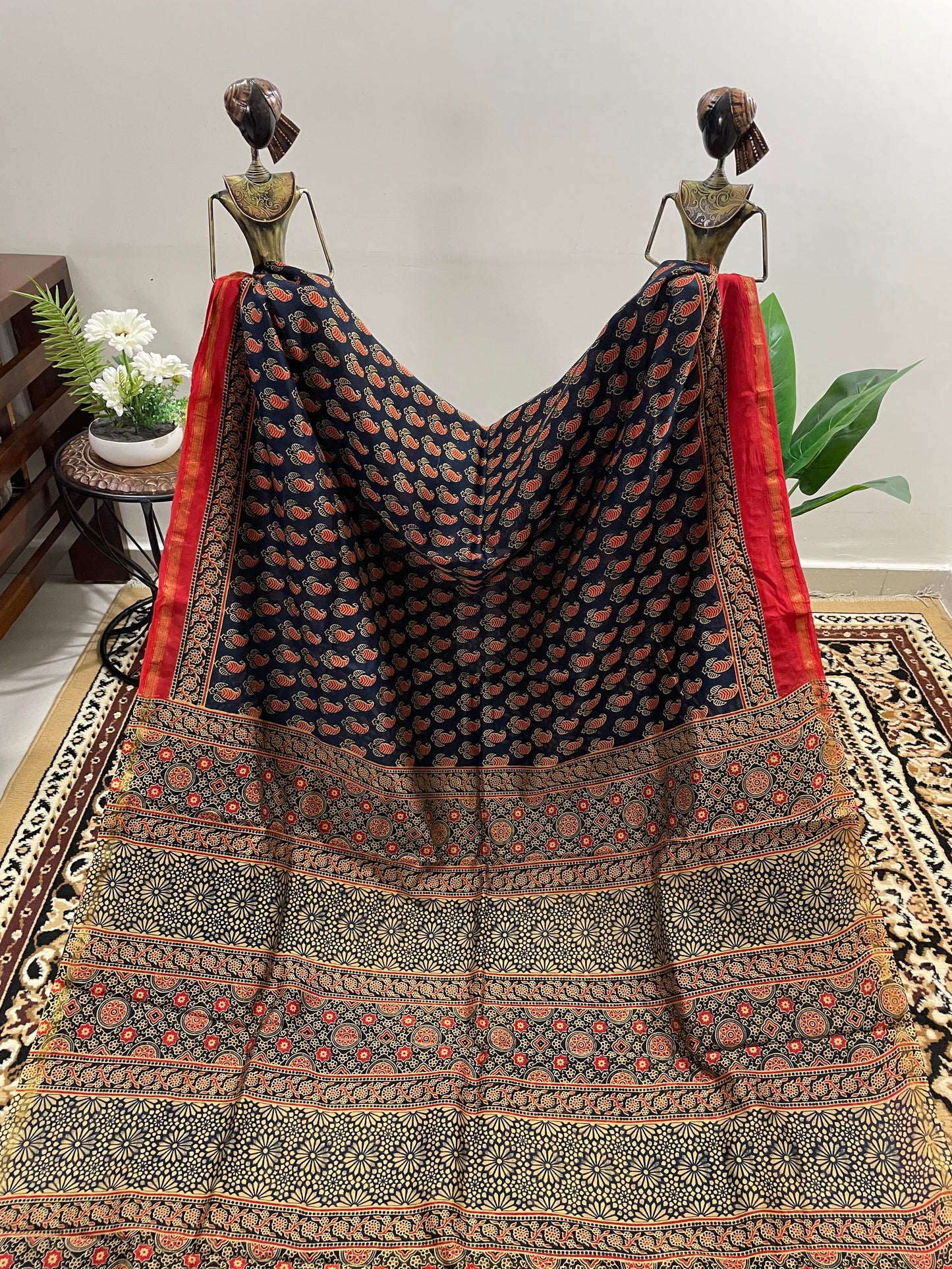 Navy Blue and Red Ajrakh Chanderi Silk Cotton