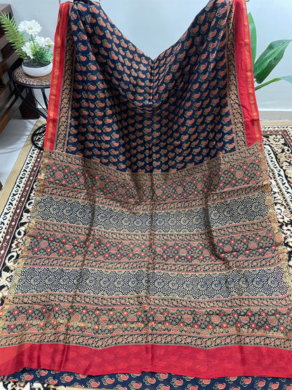 Navy Blue and Red Ajrakh Chanderi Silk Cotton