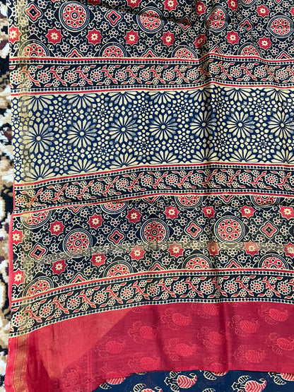 Navy Blue and Red Ajrakh Chanderi Silk Cotton