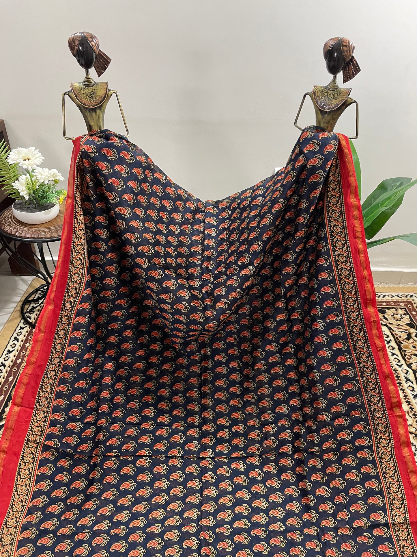 Navy Blue and Red Ajrakh Chanderi Silk Cotton