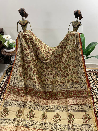 Beige Bagru Print Chanderi Silk Cotton