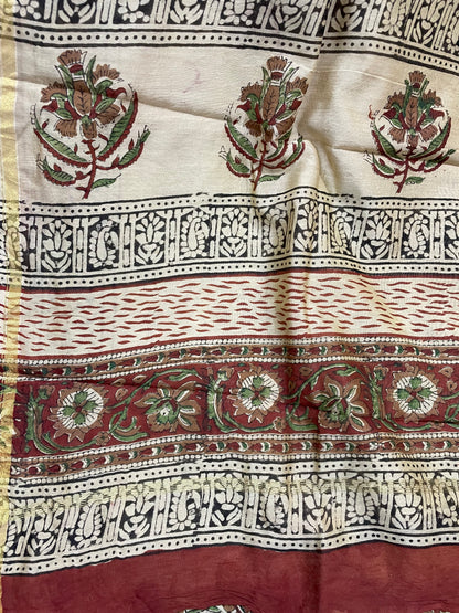 Beige Bagru Print Chanderi Silk Cotton