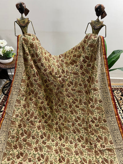 Beige Bagru Print Chanderi Silk Cotton