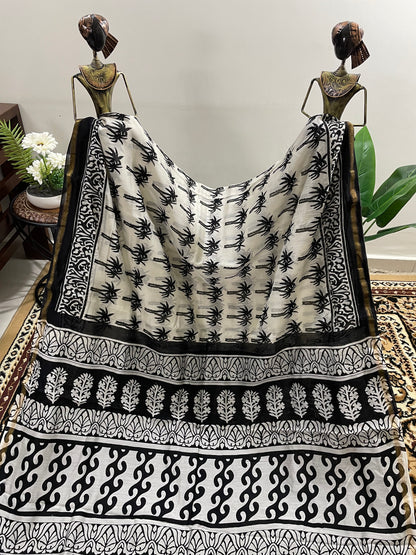 Black and White Bagru Print Chanderi Silk Cotton