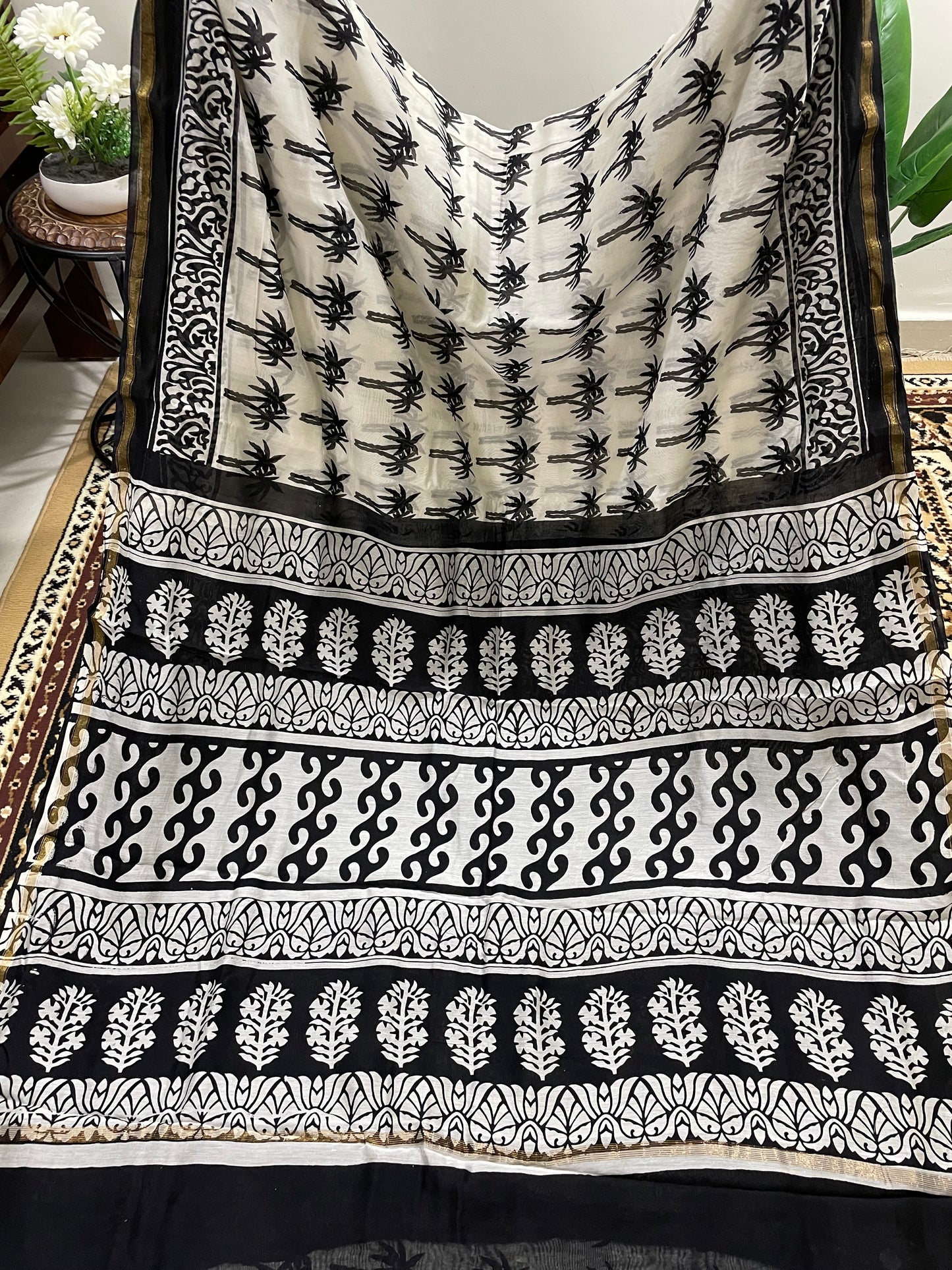 Black and White Bagru Print Chanderi Silk Cotton