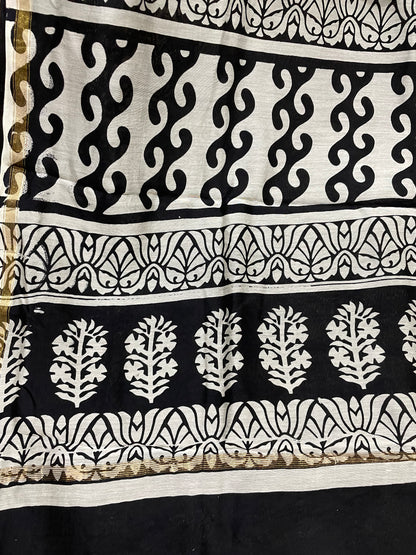 Black and White Bagru Print Chanderi Silk Cotton