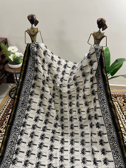 Black and White Bagru Print Chanderi Silk Cotton