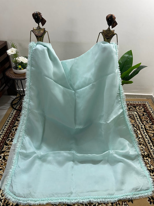 Celeste Blue Organza Silk with Pearl and Lace Border