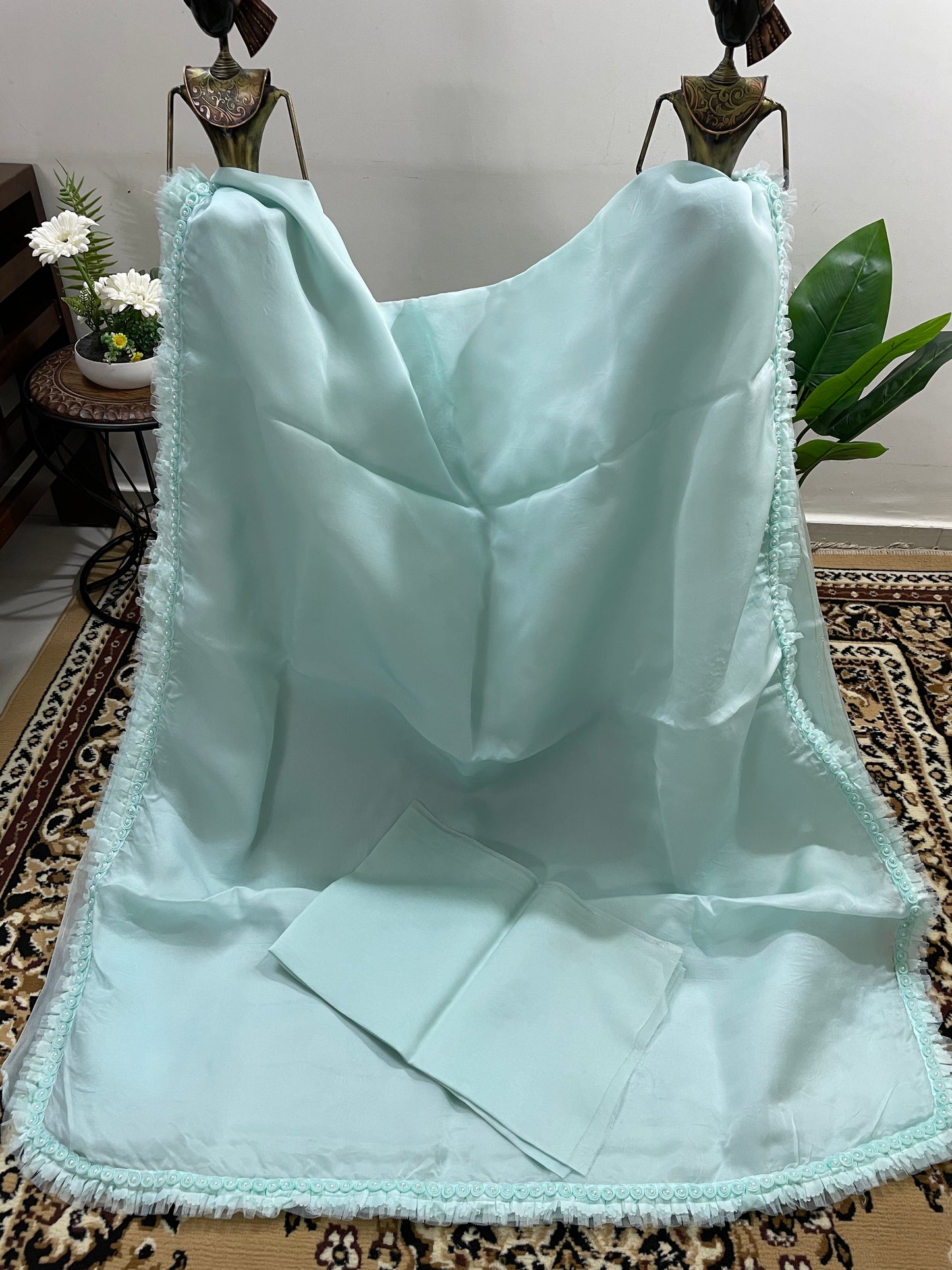 Celeste Blue Organza Silk with Pearl and Lace Border