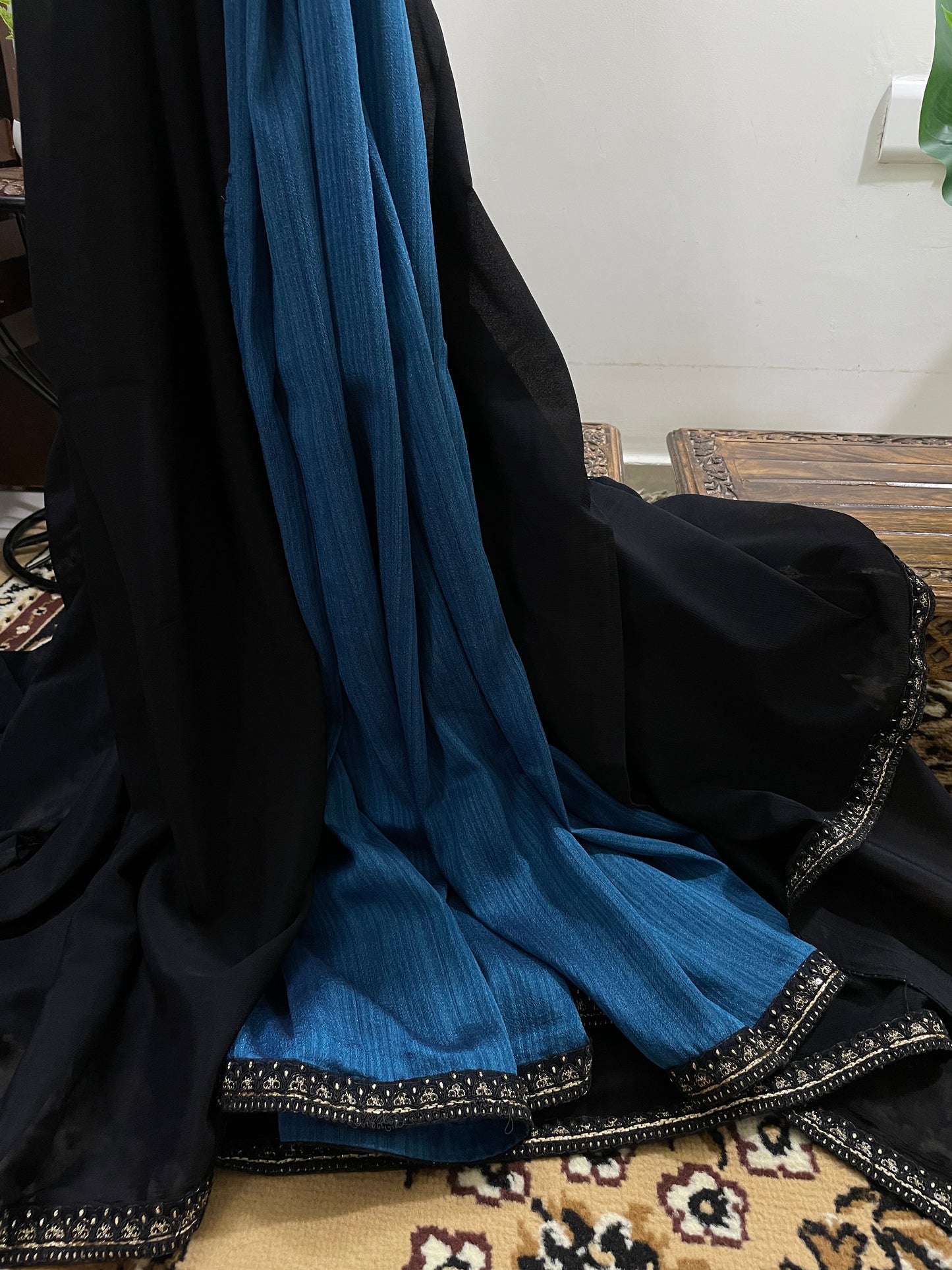 Persian Blue and Black Viscose Chinon and Blended Silk