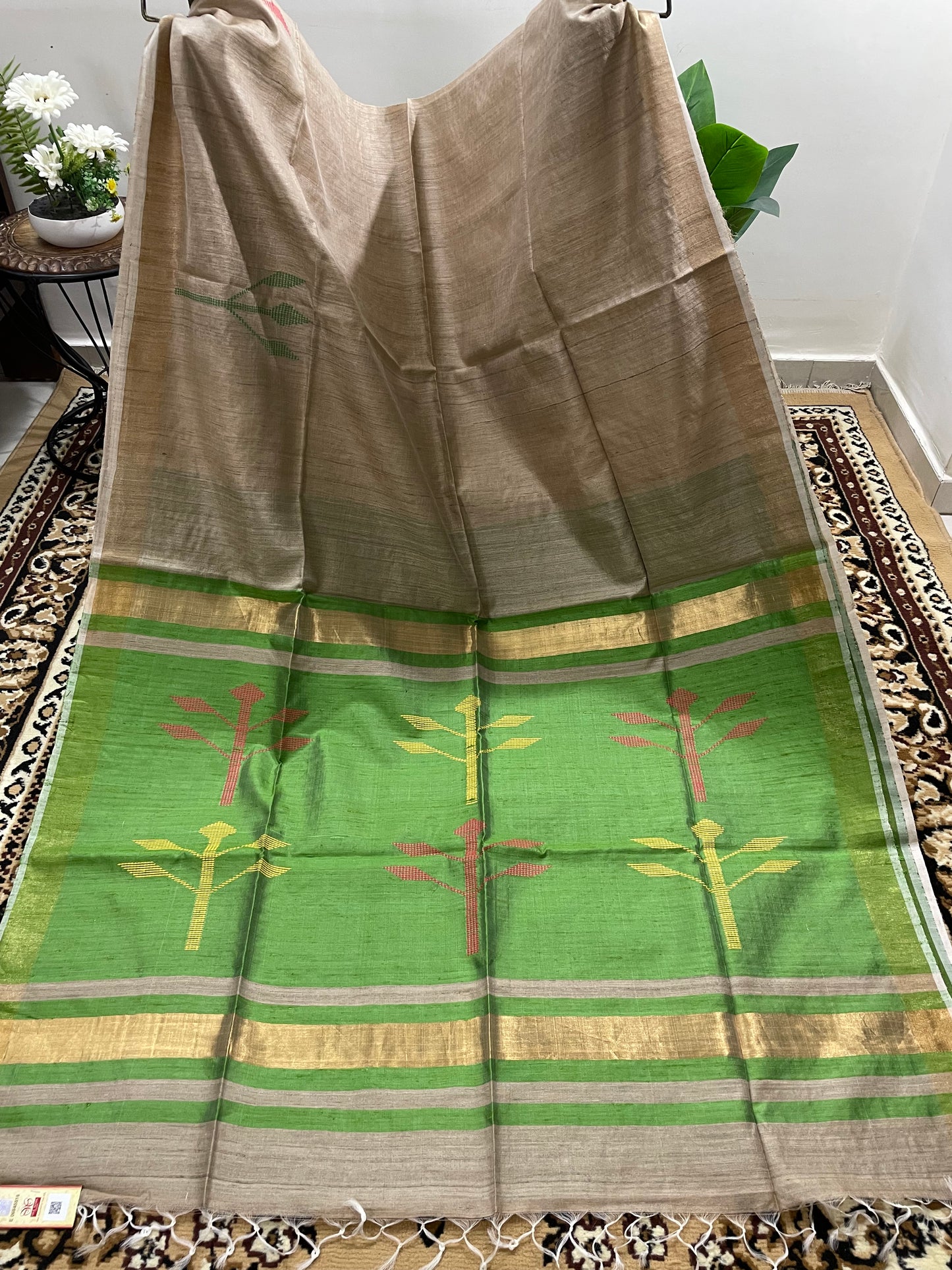 Warm Tan Brown with Green Matka Silk