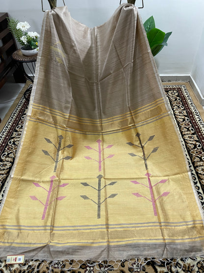 Warm Tan Brown with Yellow Matka Silk