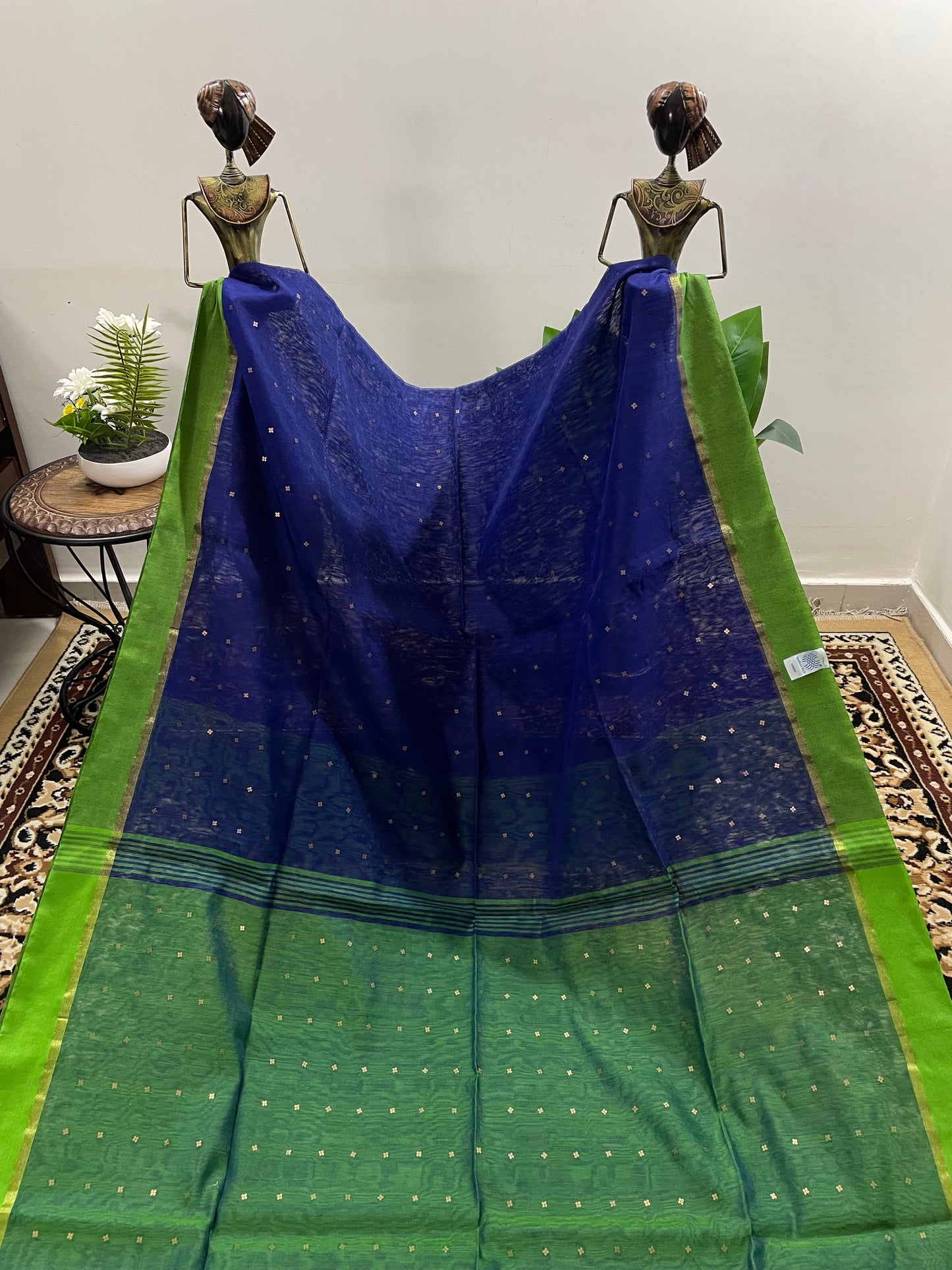 Royal Blue and Parrot Green Blended Cotton with Sequins