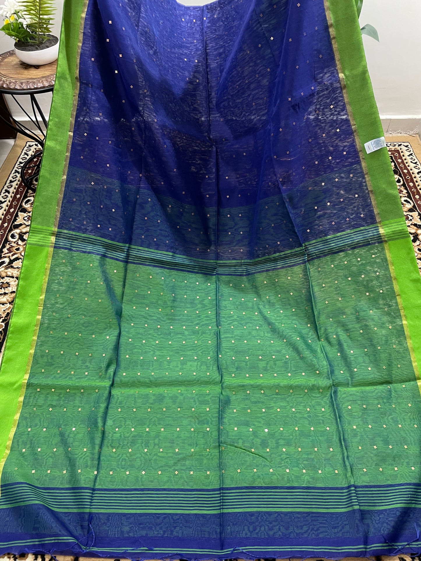 Royal Blue and Parrot Green Blended Cotton with Sequins