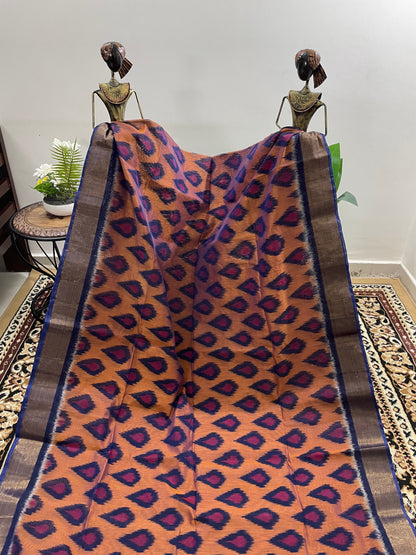 Brown and Navy Blue Pochampally Silk Cotton