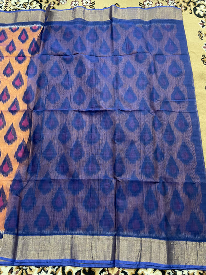 Brown and Navy Blue Pochampally Silk Cotton