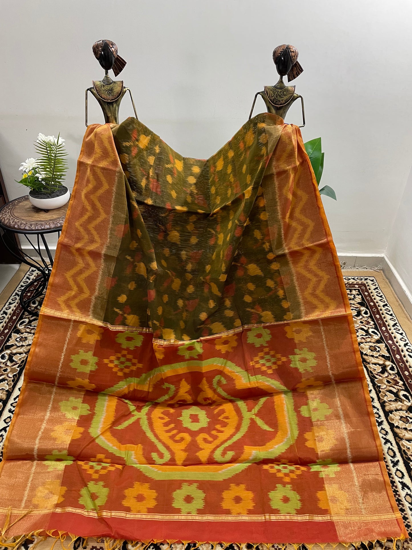 Mehendi Green and Brown Pochampally Silk Cotton