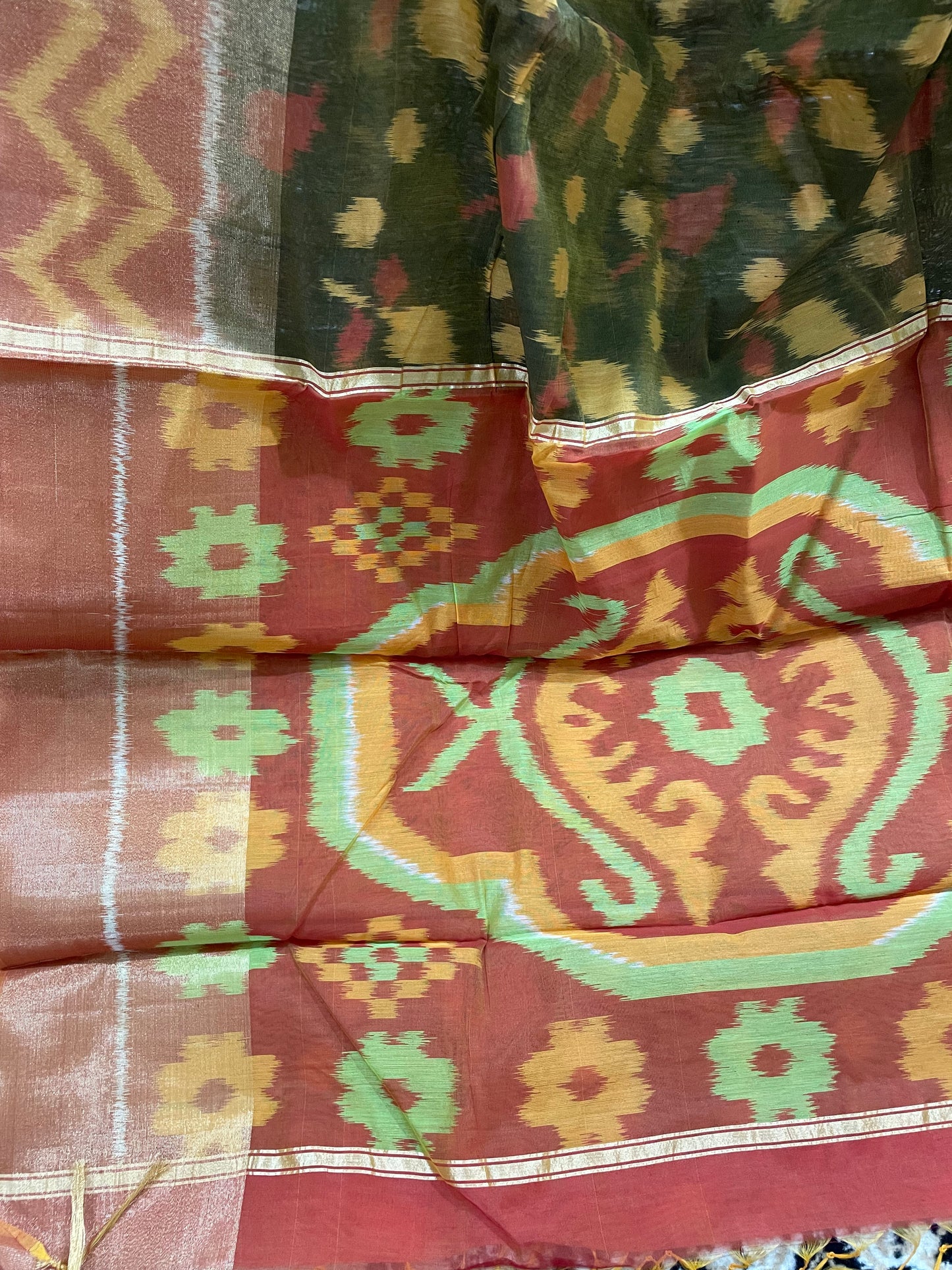 Mehendi Green and Brown Pochampally Silk Cotton