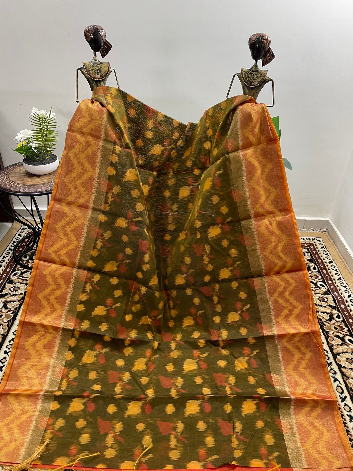 Mehendi Green and Brown Pochampally Silk Cotton