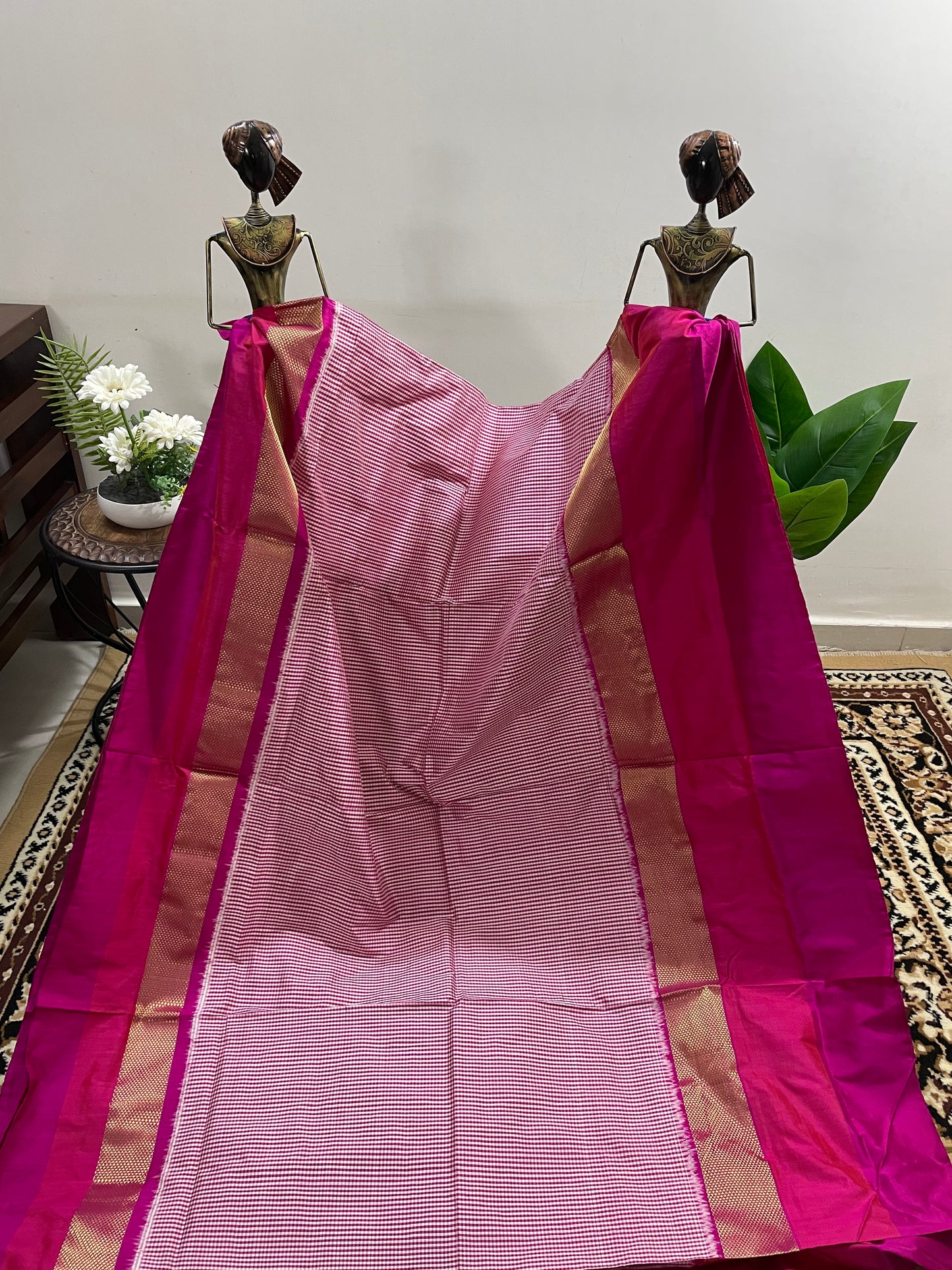 Fuchsia Pink with Checks Pochampally Silk Saree