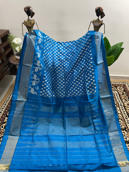 Azure Blue and White Pochampally Silk Saree