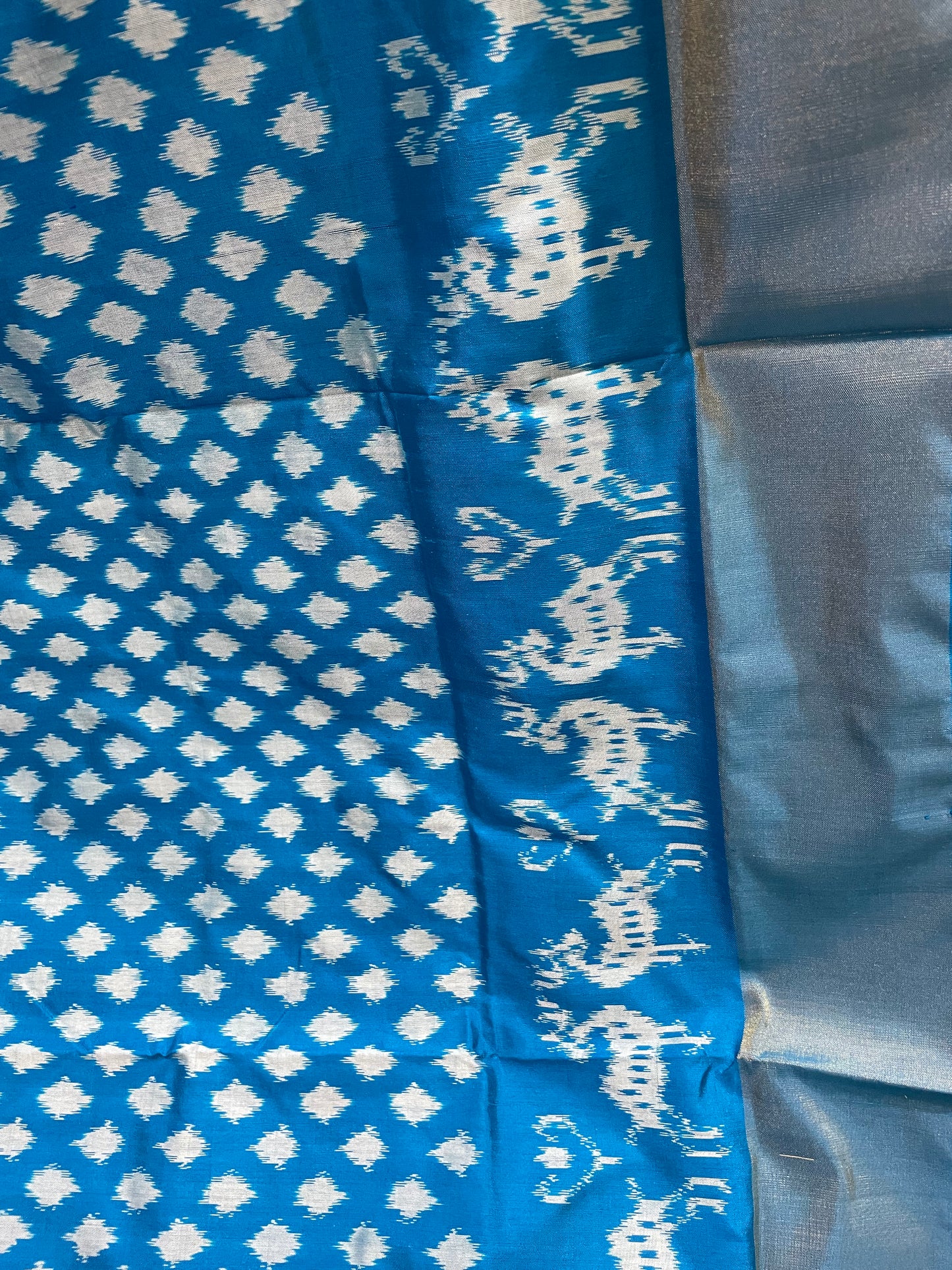 Azure Blue and White Pochampally Silk Saree