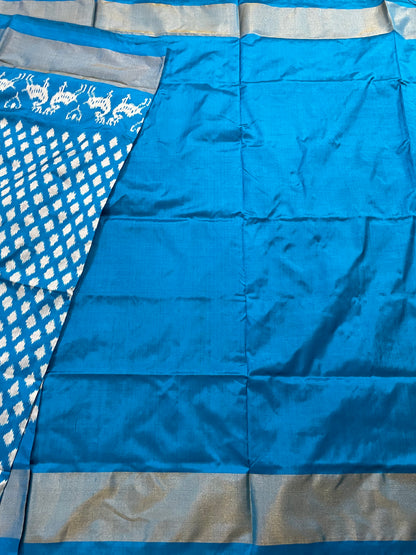 Azure Blue and White Pochampally Silk Saree