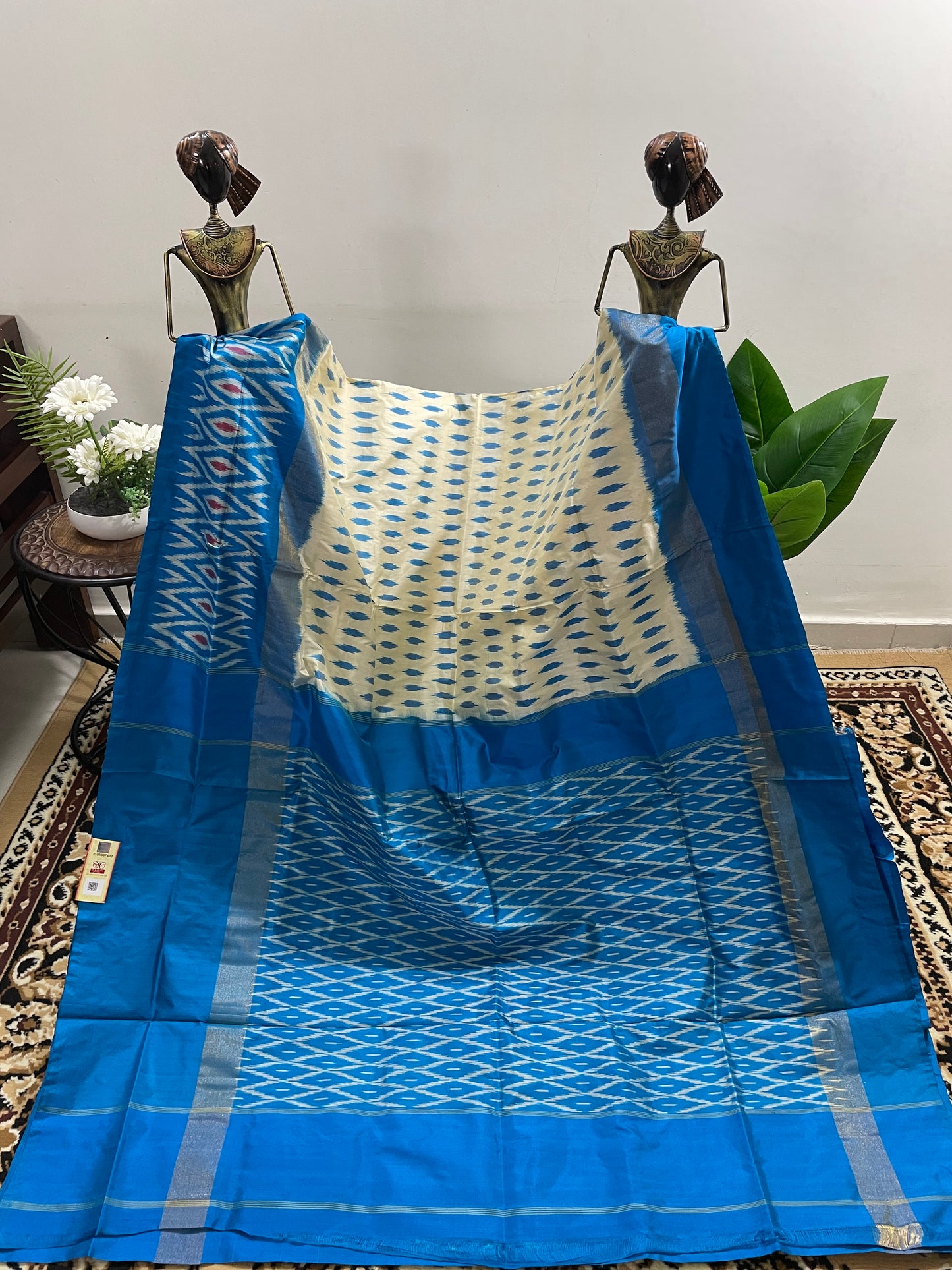 Off-White and Azure Blue Pochampally Silk Saree