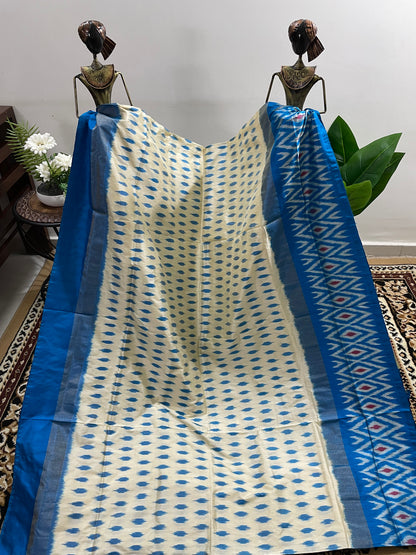 Off-White and Azure Blue Pochampally Silk Saree