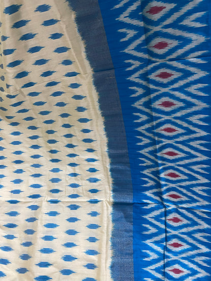 Off-White and Azure Blue Pochampally Silk Saree