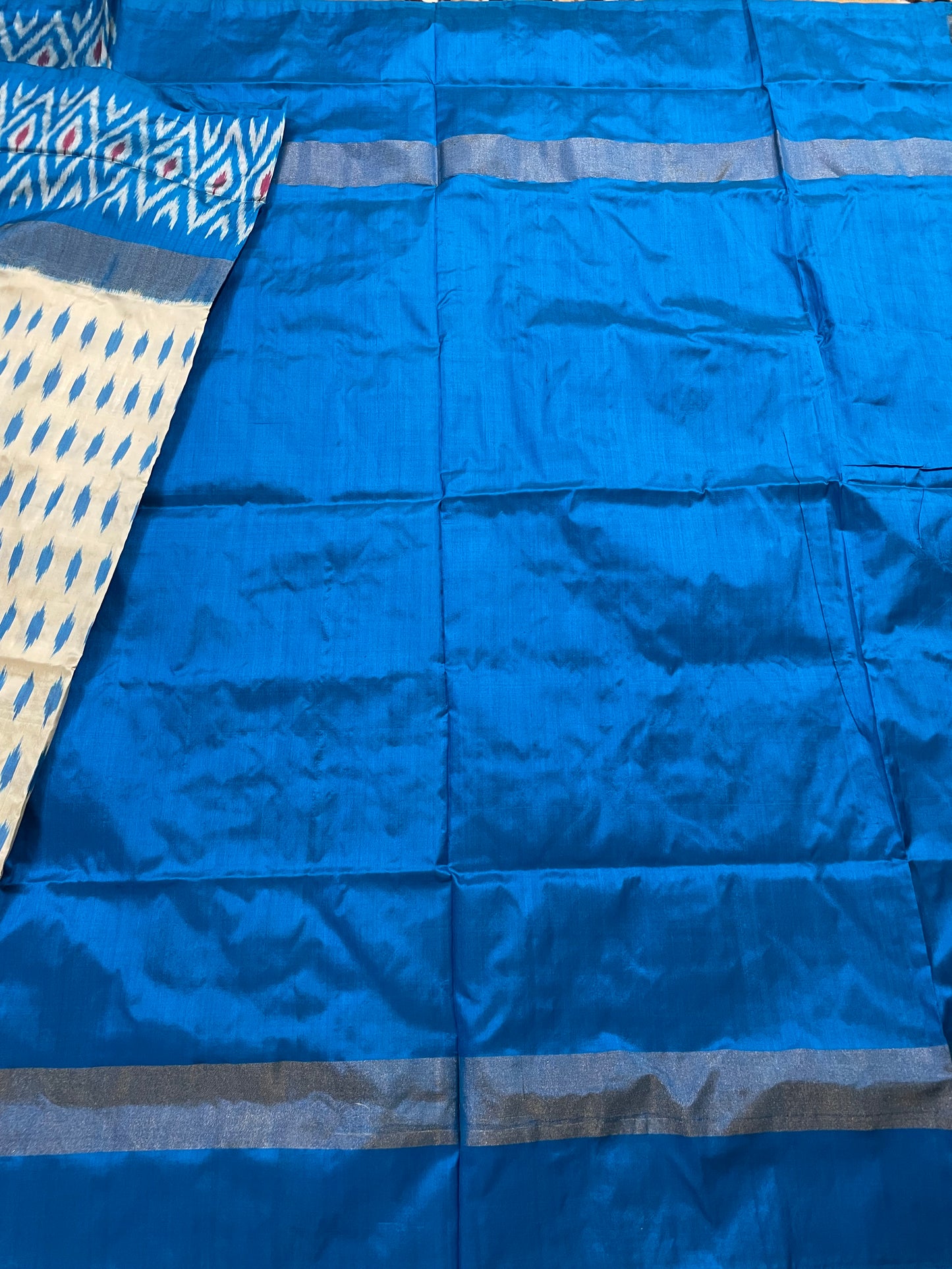 Off-White and Azure Blue Pochampally Silk Saree